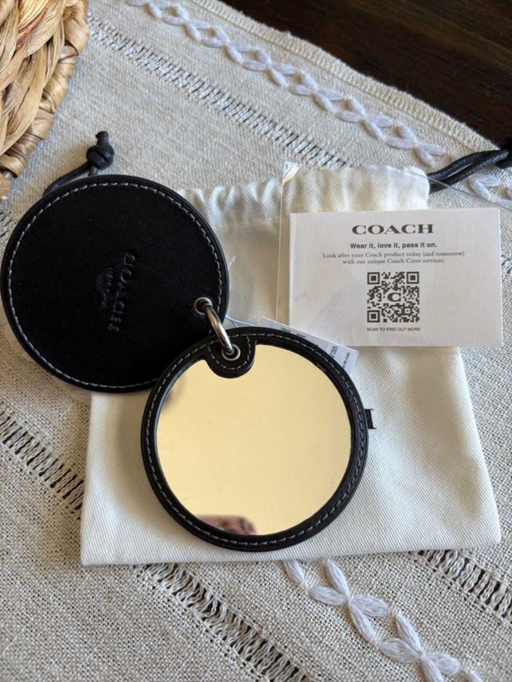 Coach Black Round Leather Keyring with Pink & Purple Hearts bag Charm - Picture 2 of 3